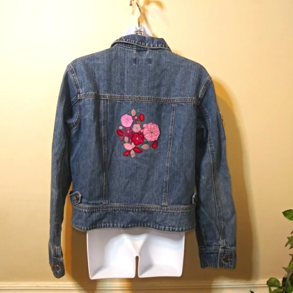 American Girl Pink Floral Appliqued Zip Front Denim Jacket